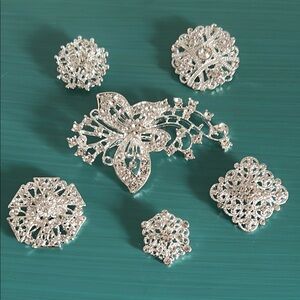 Bridal Wedding Prom Formal 6 Piece Rhinestone Silver Floral Brooch Set